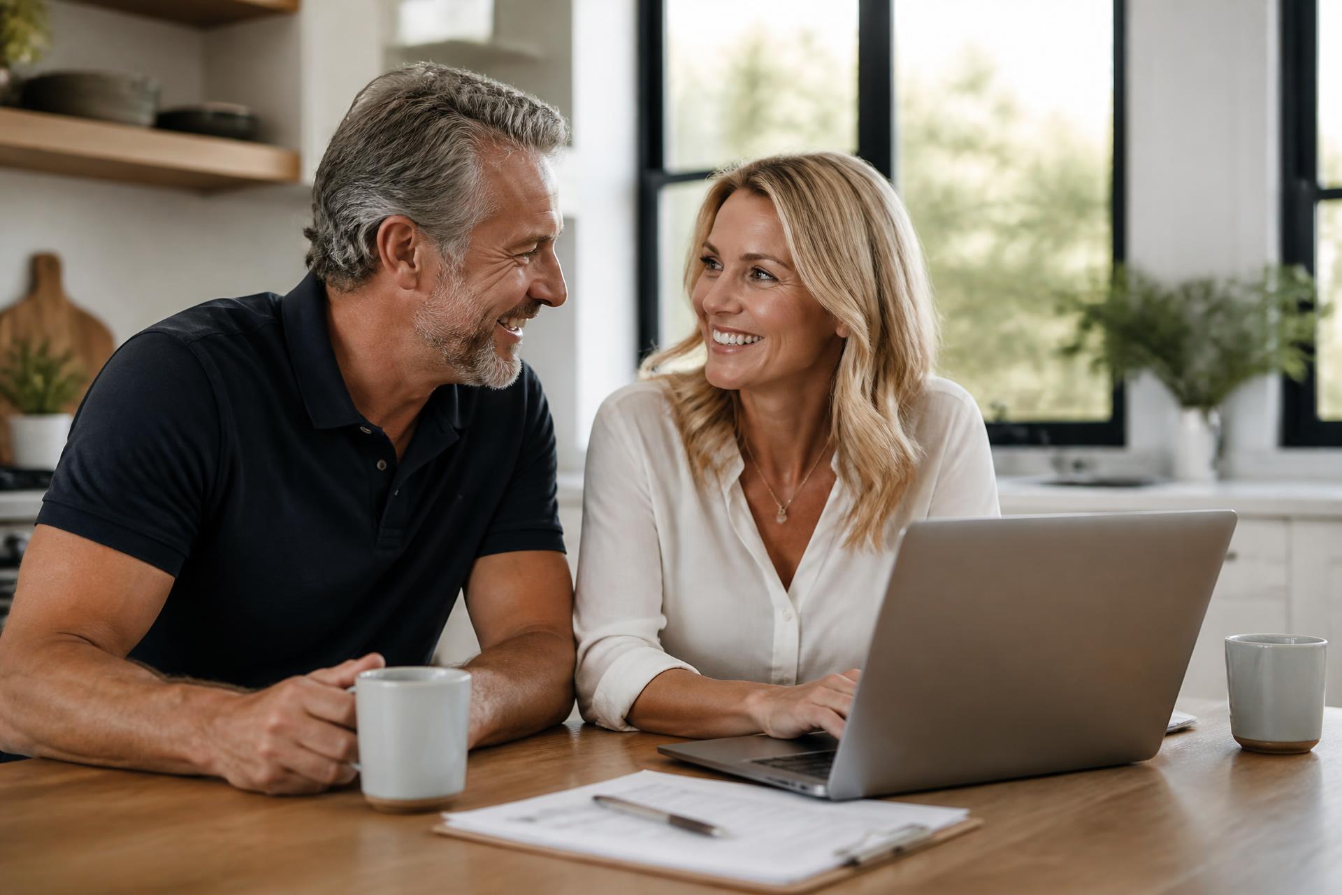 A couple in their fifties reviewing finances together at their kitchen table